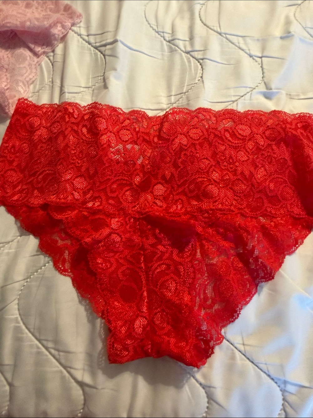 Quince Lace Cheeky 3 Panty Set — Red, Black & Pink. Large. Nylon/ spandex. - Picture 6 of 9
